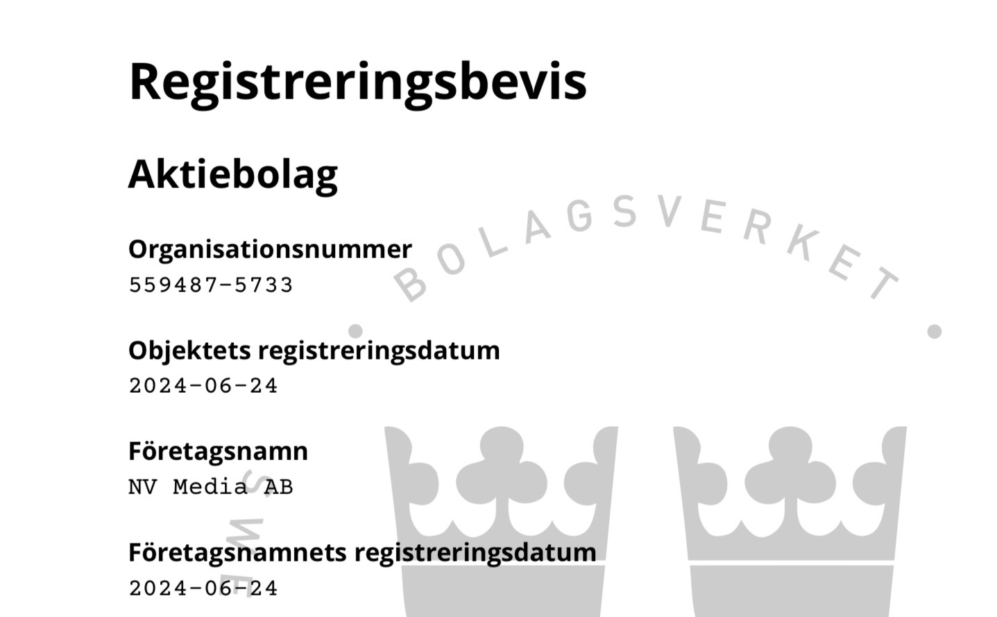 Registreringsbevis från Bolagsverket för NV Media AB, registrerat 24 juni 2024